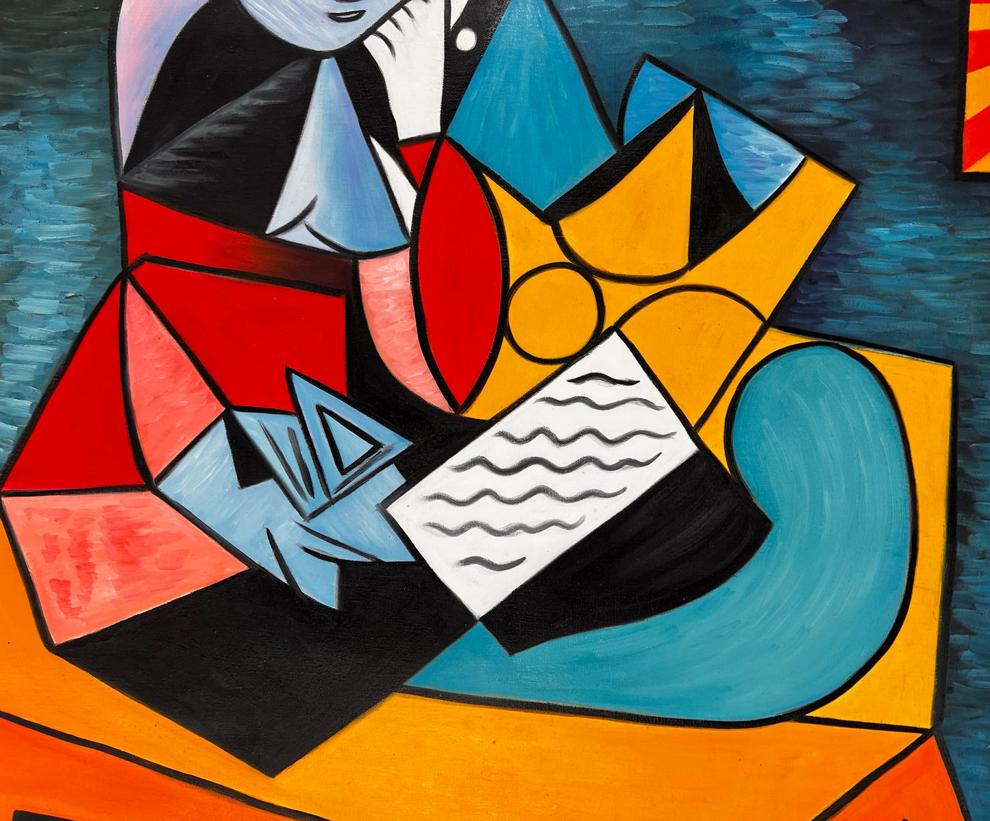 La Lecture – Handgeschilderd kubistisch olieverfschilderij op canvas (64 × 80 cm)