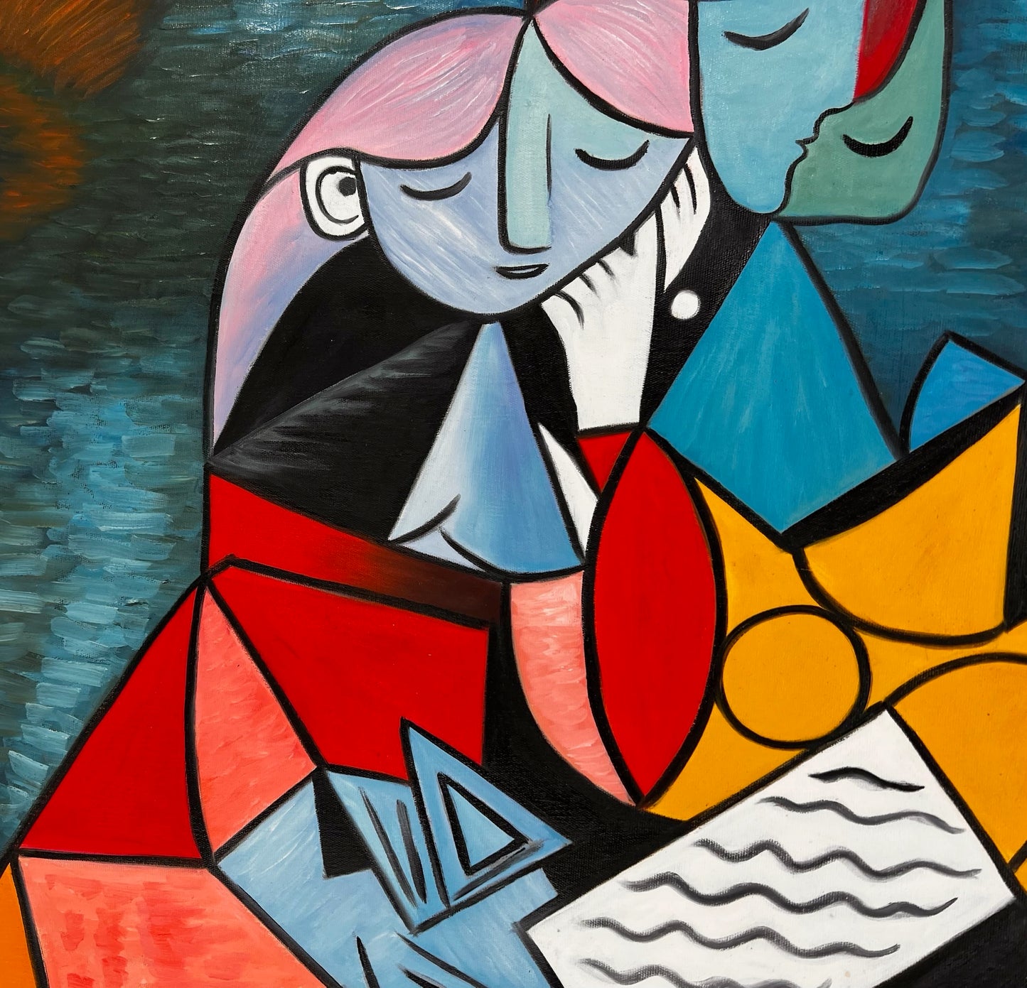 La Lecture – Handgeschilderd kubistisch olieverfschilderij op canvas (64 × 80 cm)