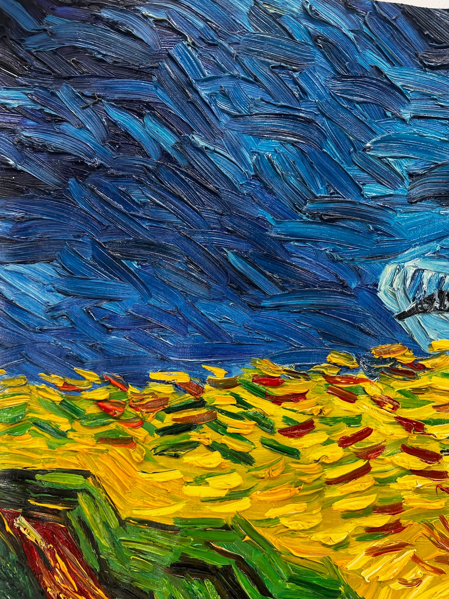 Korenveld met kraaien – Handgeschilderd expressionistisch olieverfschilderij op canvas (50,5 × 103 cm)