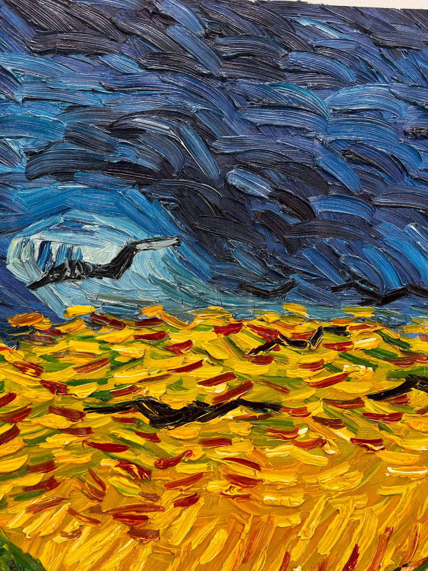 Korenveld met kraaien – Handgeschilderd expressionistisch olieverfschilderij op canvas (50,5 × 103 cm)