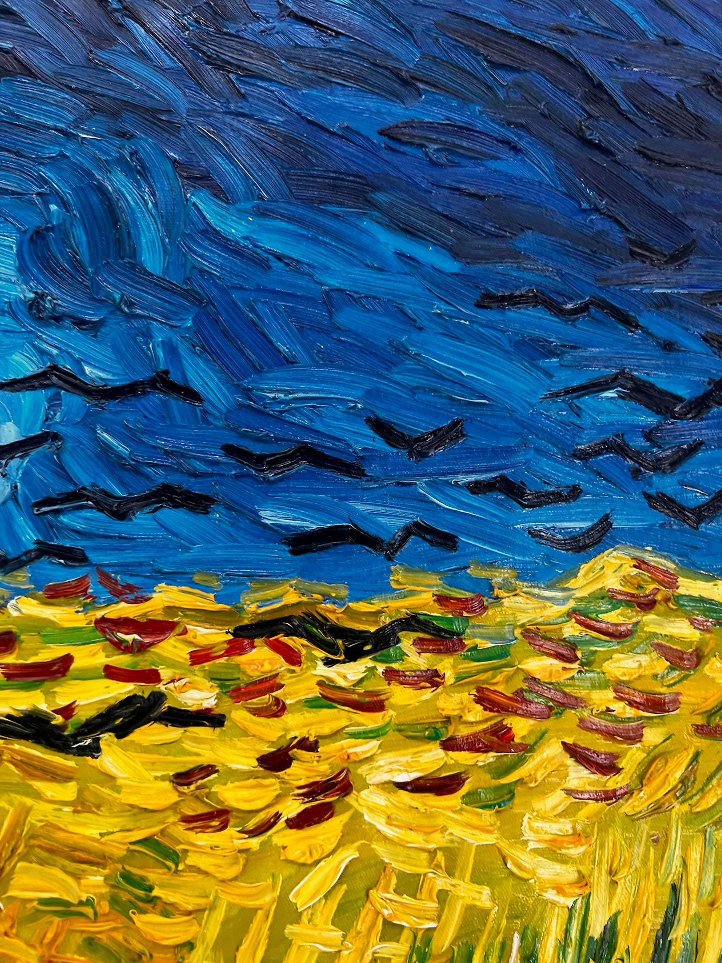 Korenveld met kraaien – Handgeschilderd expressionistisch olieverfschilderij op canvas (50,5 × 103 cm)