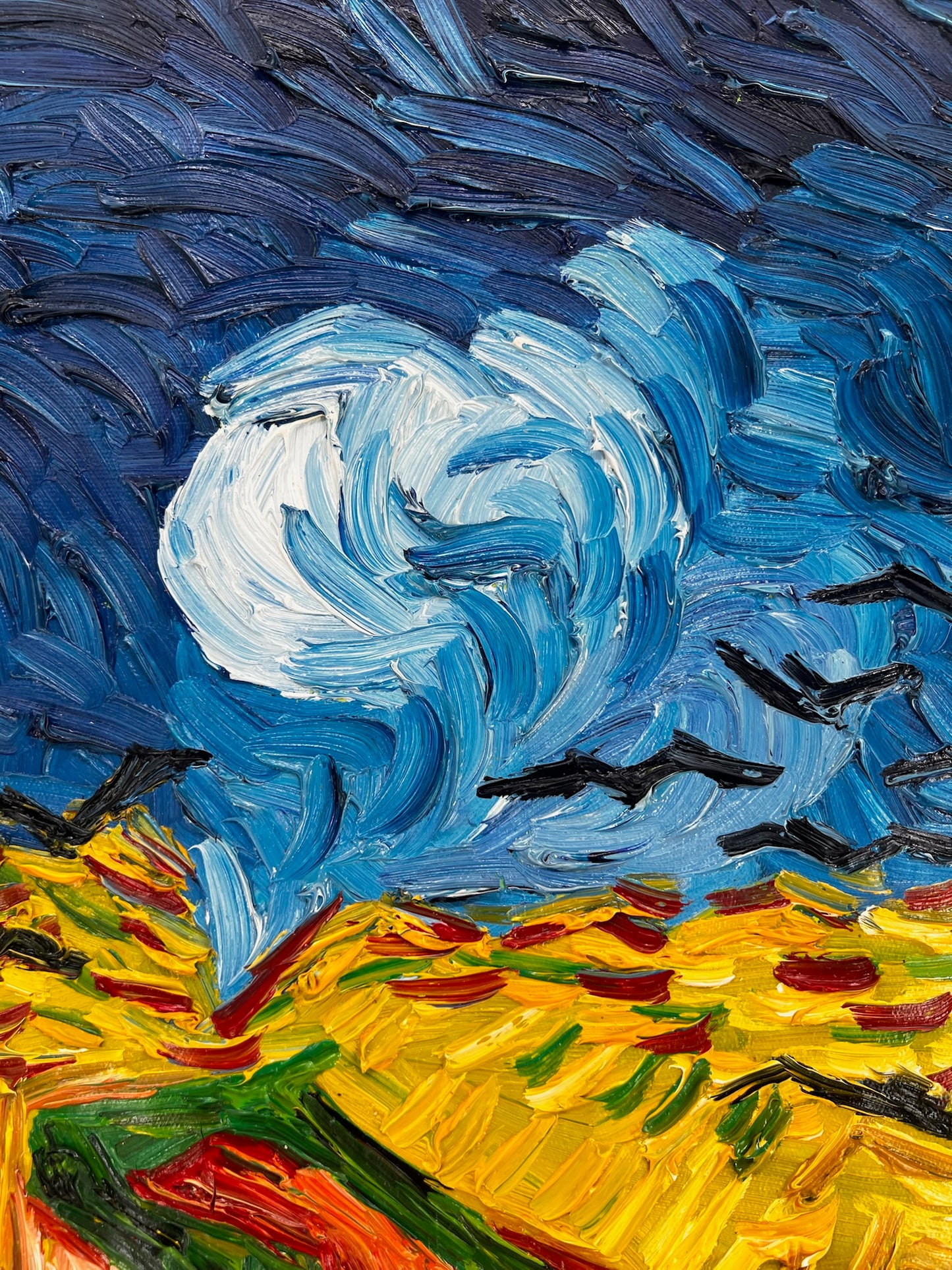 Korenveld met kraaien – Handgeschilderd expressionistisch olieverfschilderij op canvas (50,5 × 103 cm)