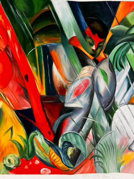 Im Regen (naar Franz Marc) – Handgeschilderd Expressionistisch Olieverf op Canvas (64 × 80 cm, op rol geleverd)