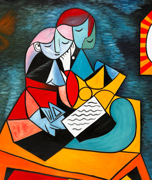 La Lecture – Handgeschilderd kubistisch olieverfschilderij op canvas (64 × 80 cm)