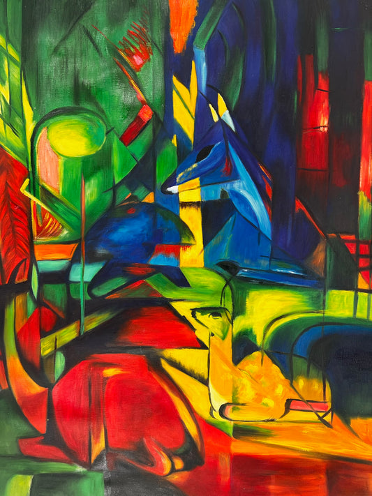 Rehe im Walde II (naar Franz Marc) – Handgeschilderd Expressionistisch Olieverf op Canvas (op rol geleverd)