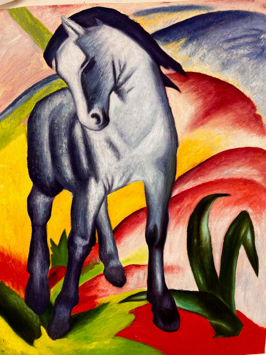 Blaues Pferd I – Handgeschilderd Expressionistisch Olieverfschilderij op Canvas (64 × 80 cm)