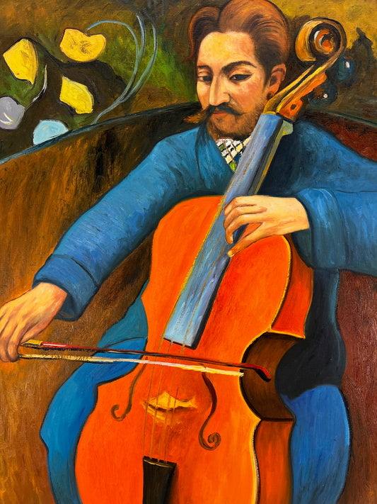 Portret van een Cellist – Handgeschilderd Postimpressionistisch Olieverfschilderij op Canvas (60 × 80 cm)