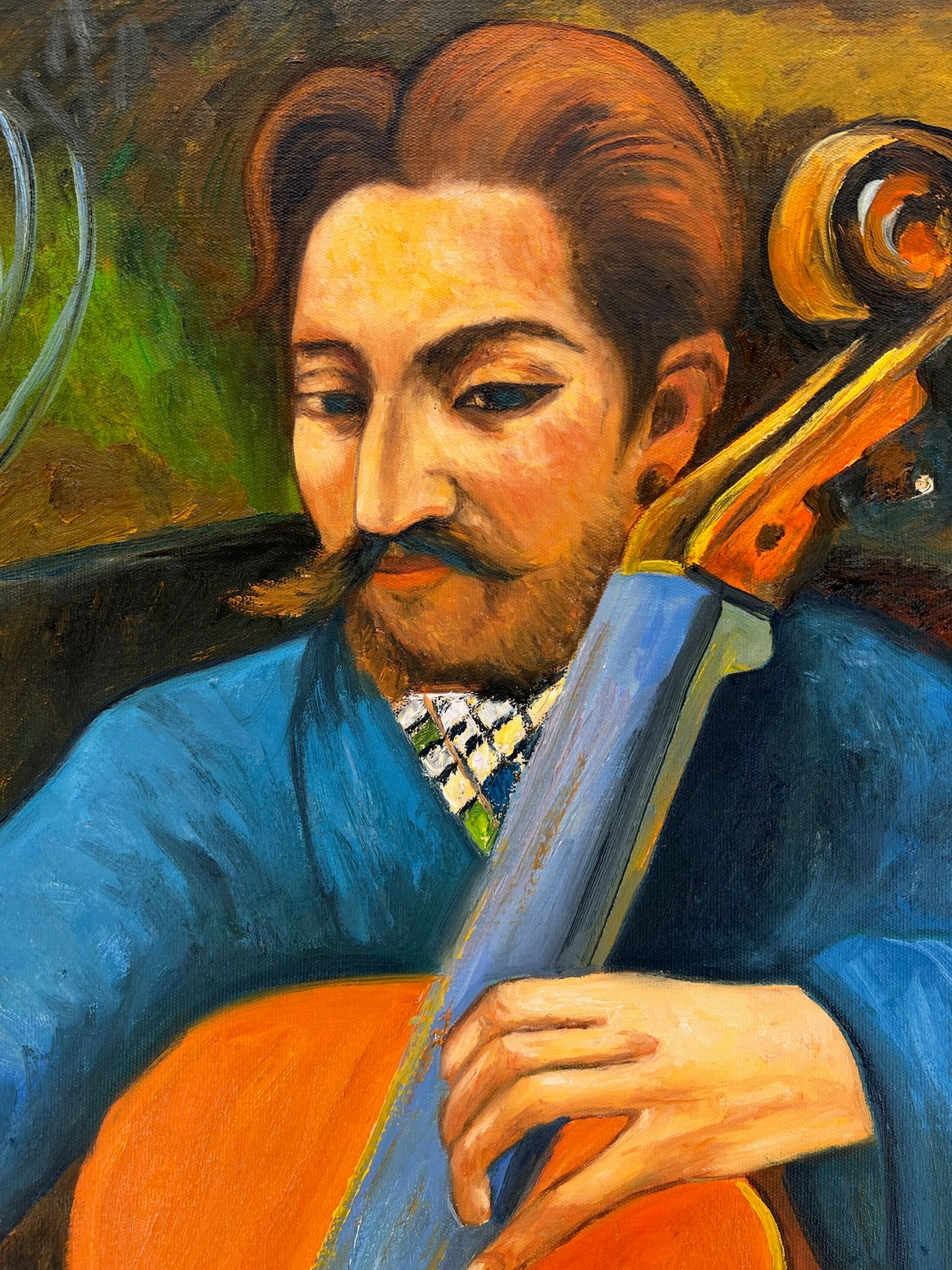 Portret van een Cellist – Handgeschilderd Postimpressionistisch Olieverfschilderij op Canvas (60 × 80 cm)