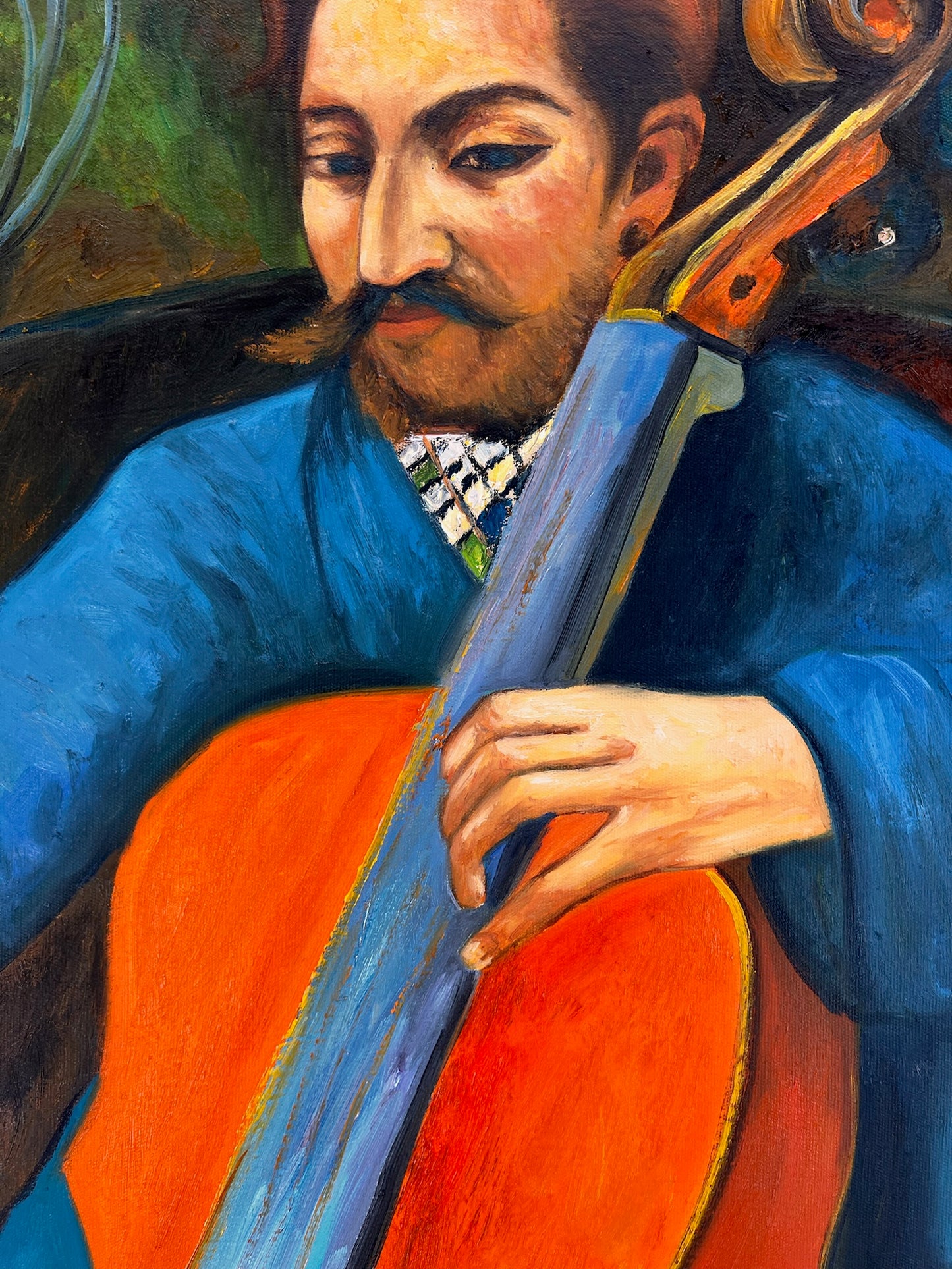 Portret van een Cellist – Handgeschilderd Postimpressionistisch Olieverfschilderij op Canvas (60 × 80 cm)