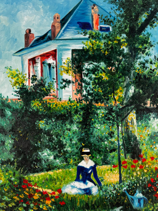 Woman in the Garden (after Édouard Manet) – Hand-Painted Impressionist Oil on Canvas (60 × 80 cm)