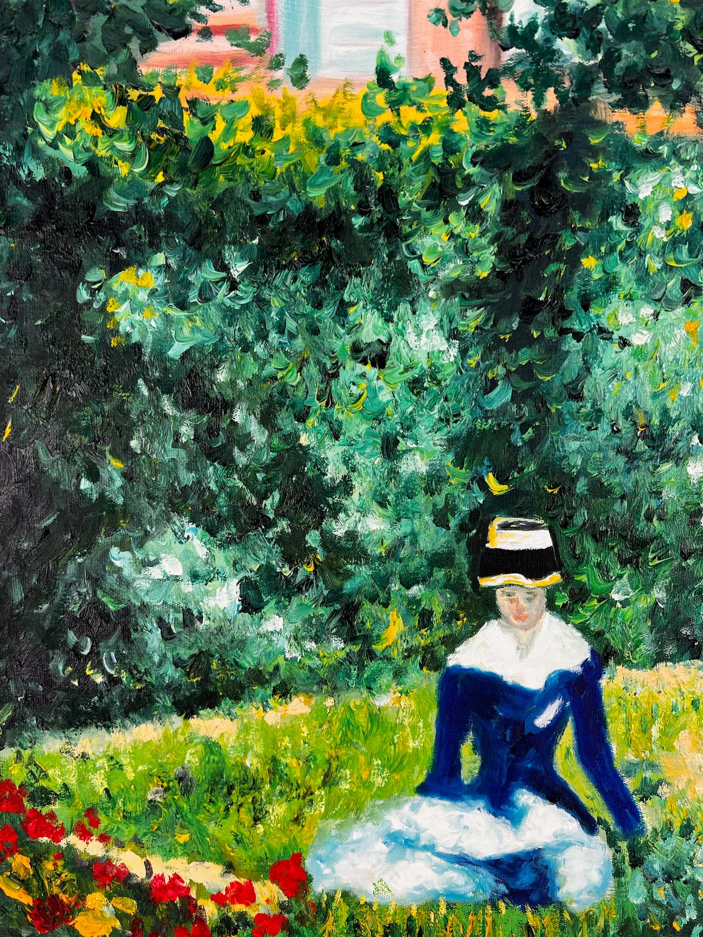 Woman in the Garden (after Édouard Manet) – Hand-Painted Impressionist Oil on Canvas (60 × 80 cm)
