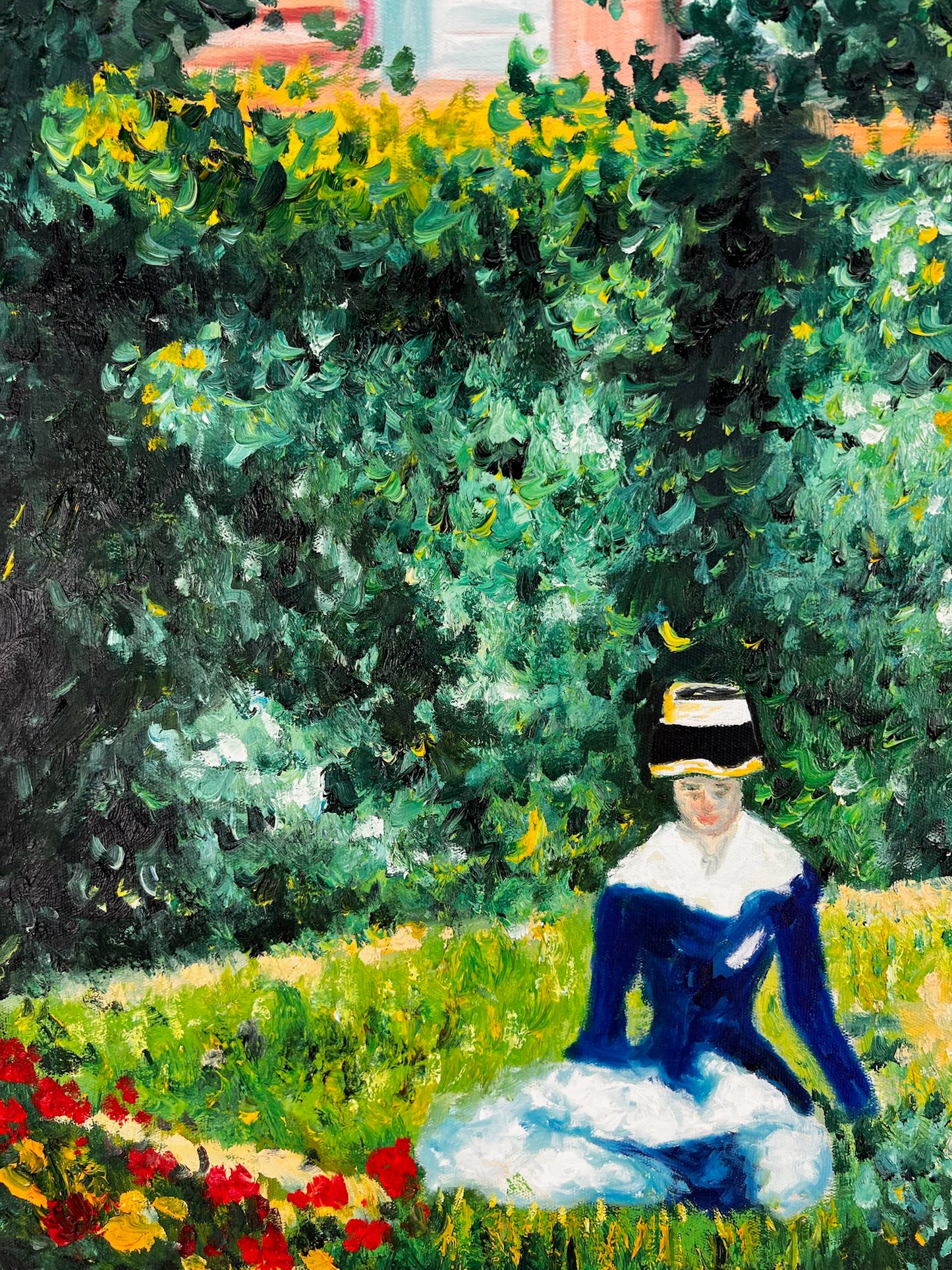 Woman in the Garden (after Édouard Manet) – Hand-Painted Impressionist Oil on Canvas (60 × 80 cm)