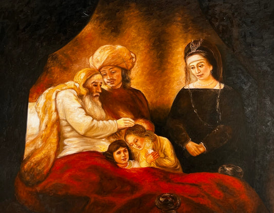 Jakob zegent de kinderen van Jozef (naar Rembrandt van Rijn) – Handgeschilderd Barok Olieverf op Canvas (64 × 80 cm)
