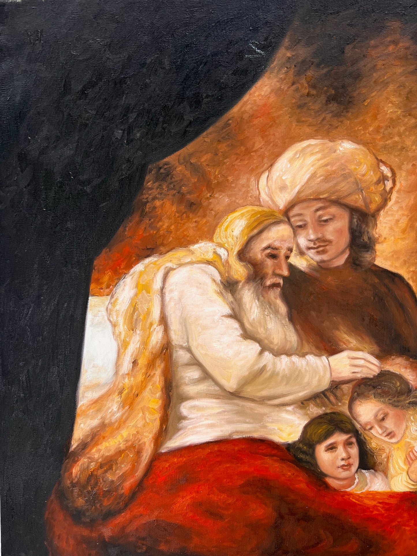 Jakob zegent de kinderen van Jozef (naar Rembrandt van Rijn) – Handgeschilderd Barok Olieverf op Canvas (64 × 80 cm)