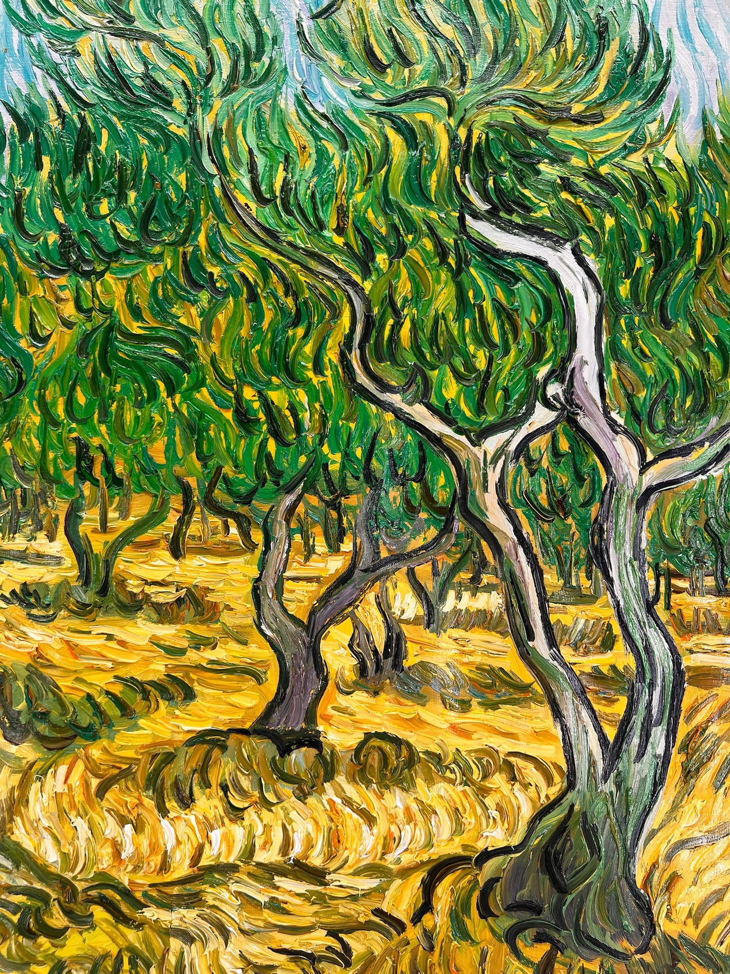 Olijfboomgaard (naar Vincent van Gogh) – Handgeschilderd post-impressionistisch olieverfschilderij op doek (70 × 100 cm)