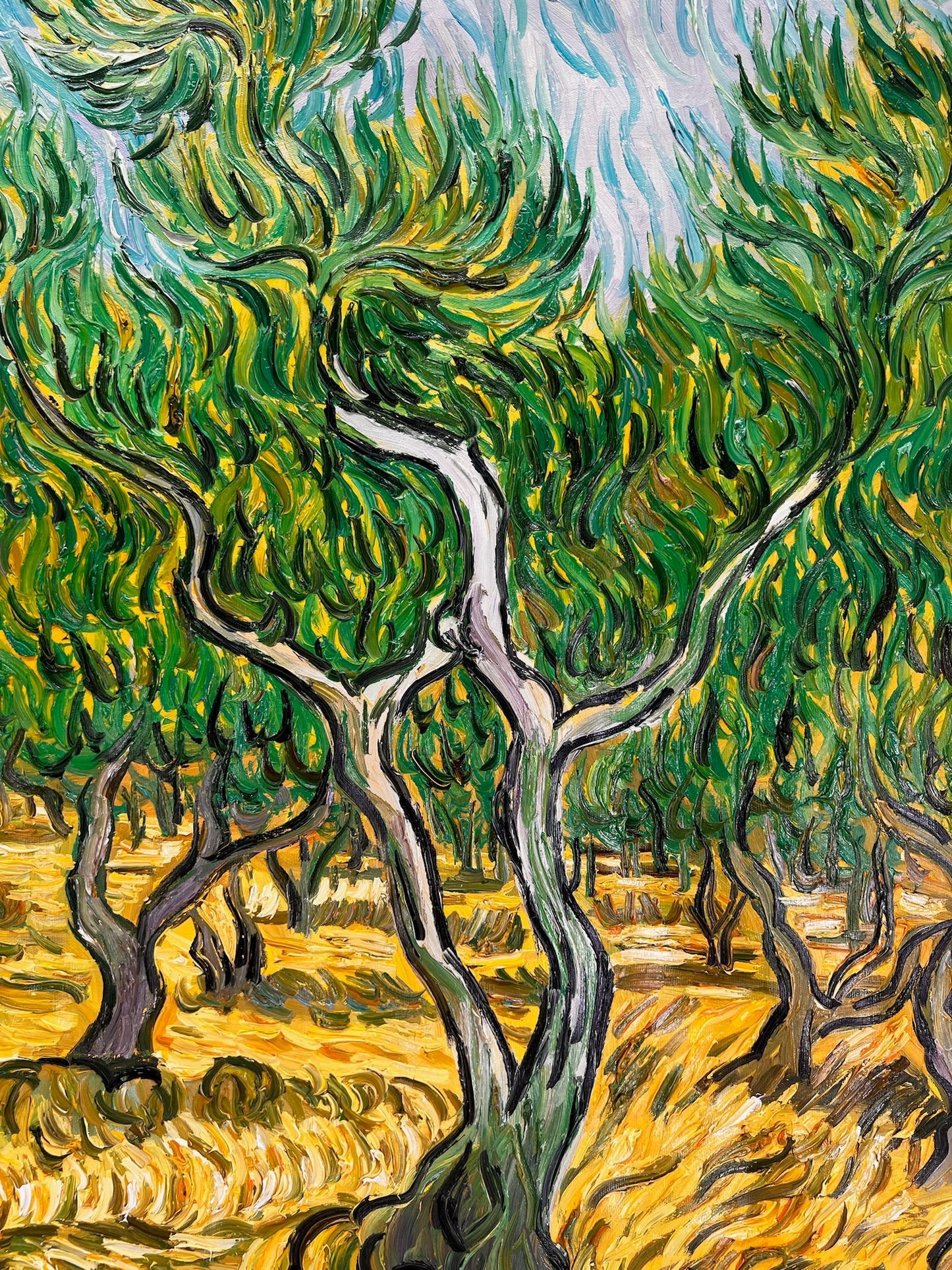 Olijfboomgaard (naar Vincent van Gogh) – Handgeschilderd post-impressionistisch olieverfschilderij op doek (70 × 100 cm)