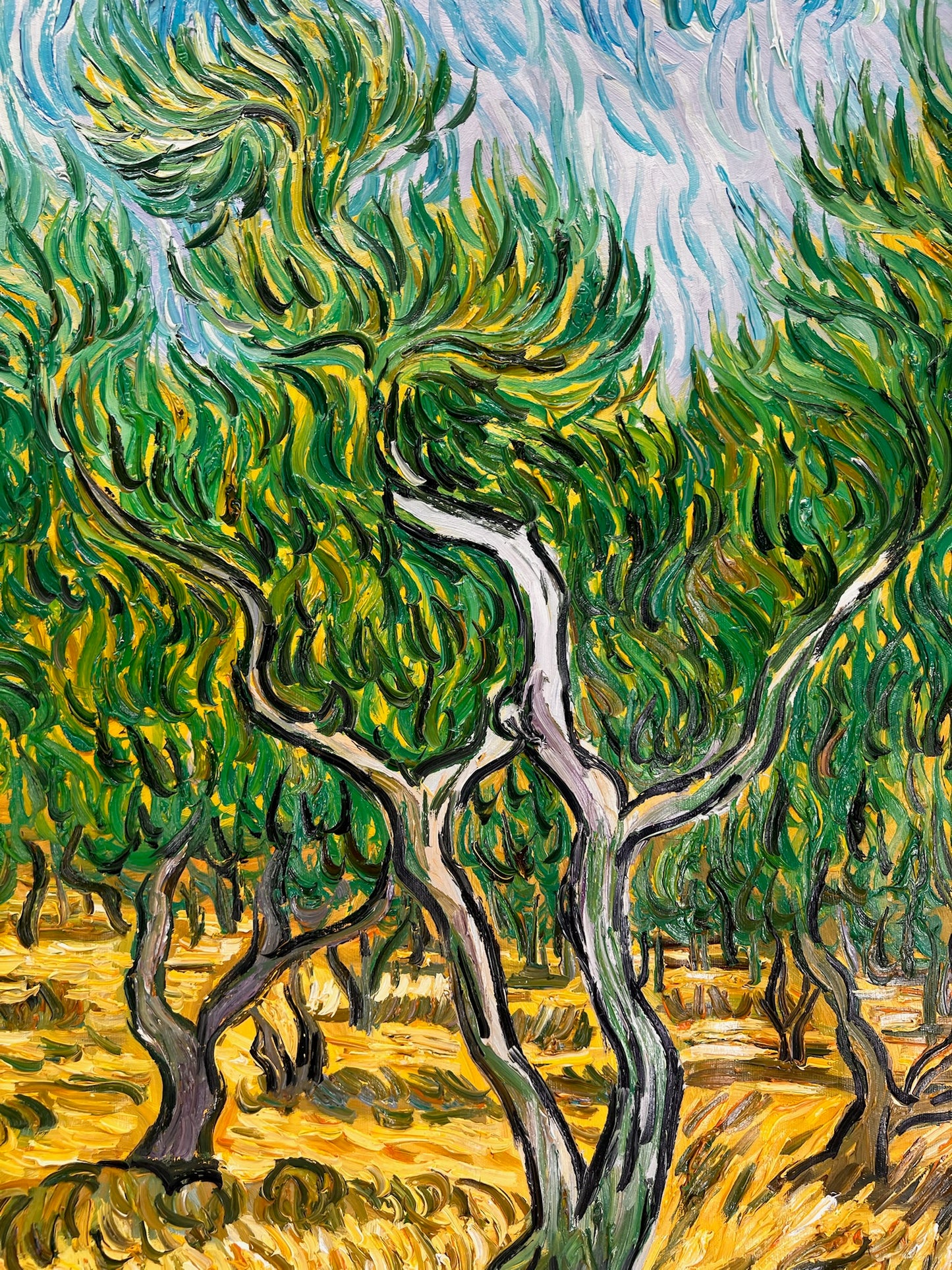 Olijfboomgaard (naar Vincent van Gogh) – Handgeschilderd post-impressionistisch olieverfschilderij op doek (70 × 100 cm)