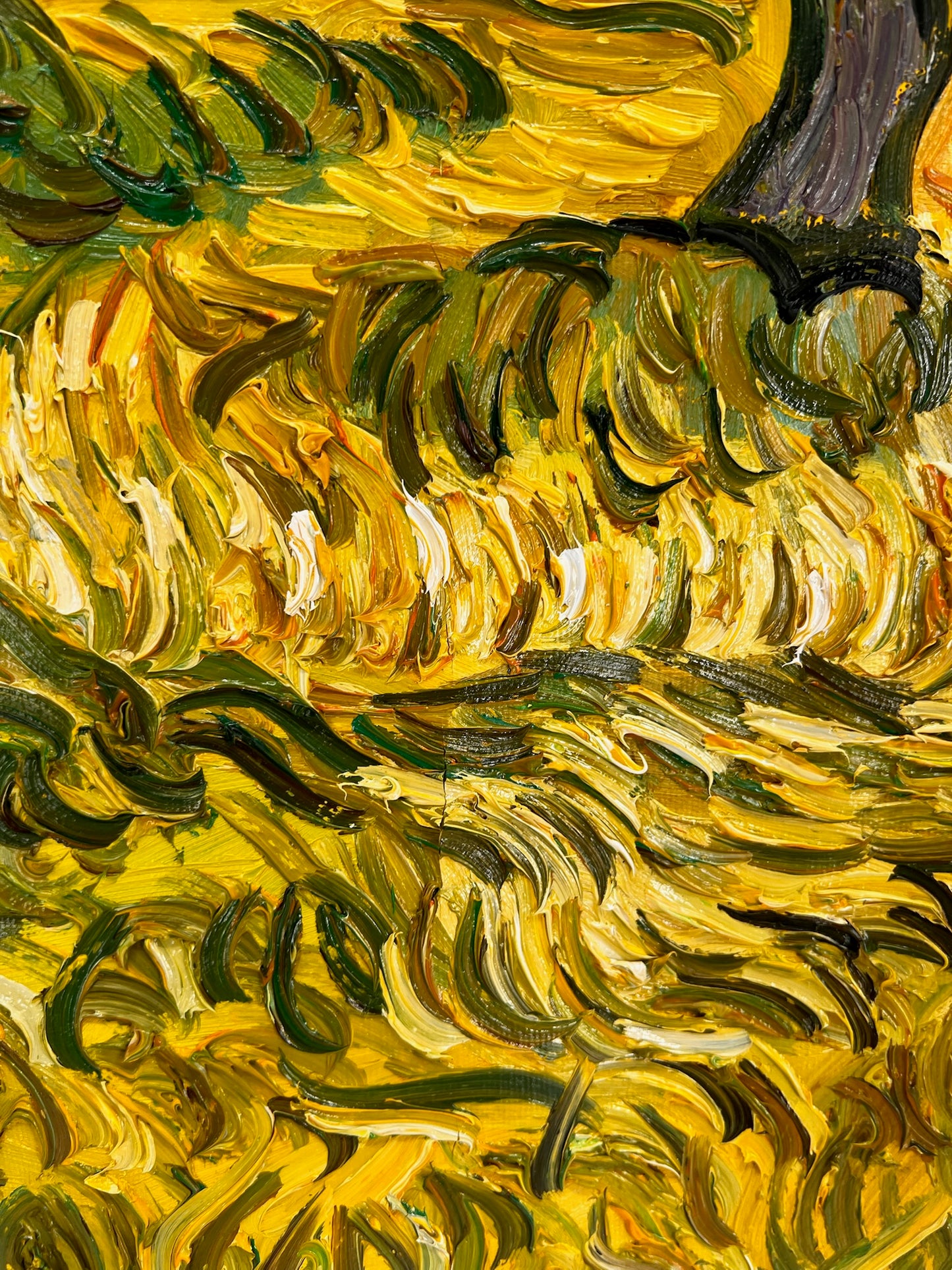 Olijfboomgaard (naar Vincent van Gogh) – Handgeschilderd post-impressionistisch olieverfschilderij op doek (70 × 100 cm)