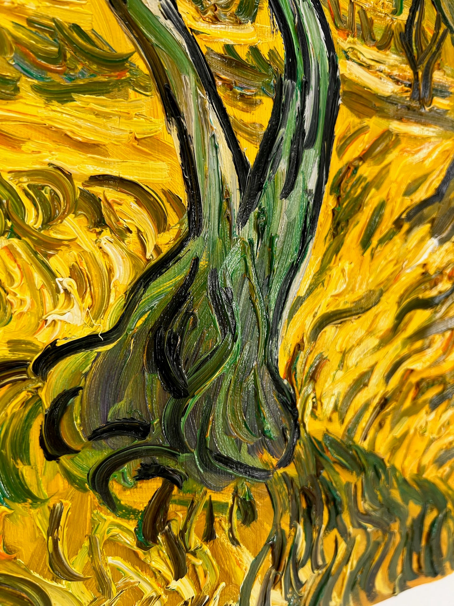 Olijfboomgaard (naar Vincent van Gogh) – Handgeschilderd post-impressionistisch olieverfschilderij op doek (70 × 100 cm)