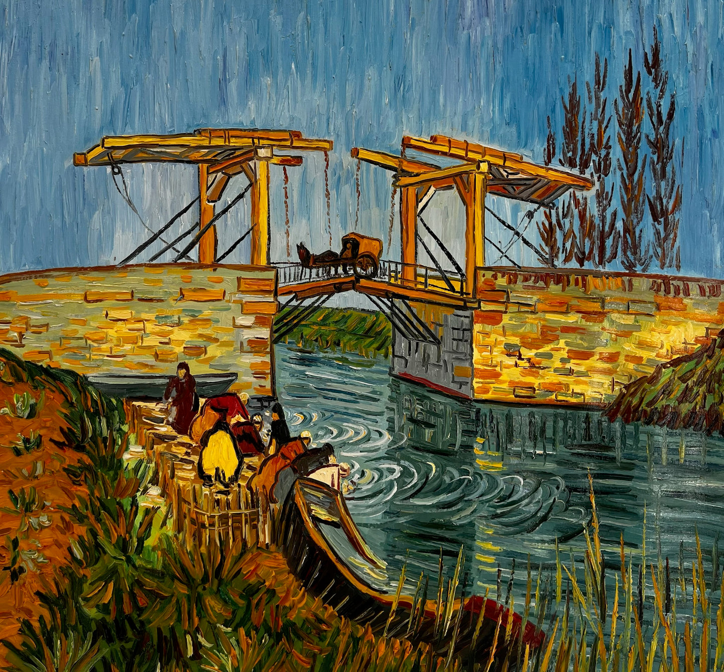 De Langlois-brug (naar Vincent van Gogh) – Handgeschilderd post-impressionistisch olieverfschilderij op doek (60 × 65 cm)