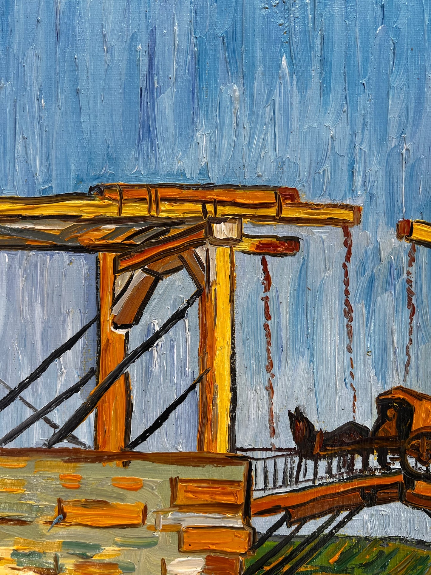 De Langlois-brug (naar Vincent van Gogh) – Handgeschilderd post-impressionistisch olieverfschilderij op doek (60 × 65 cm)