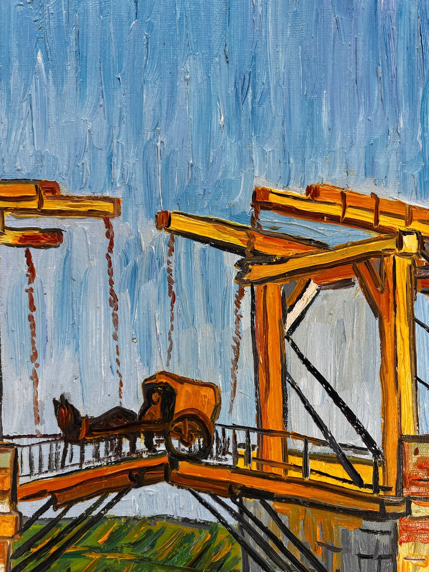 De Langlois-brug (naar Vincent van Gogh) – Handgeschilderd post-impressionistisch olieverfschilderij op doek (60 × 65 cm)