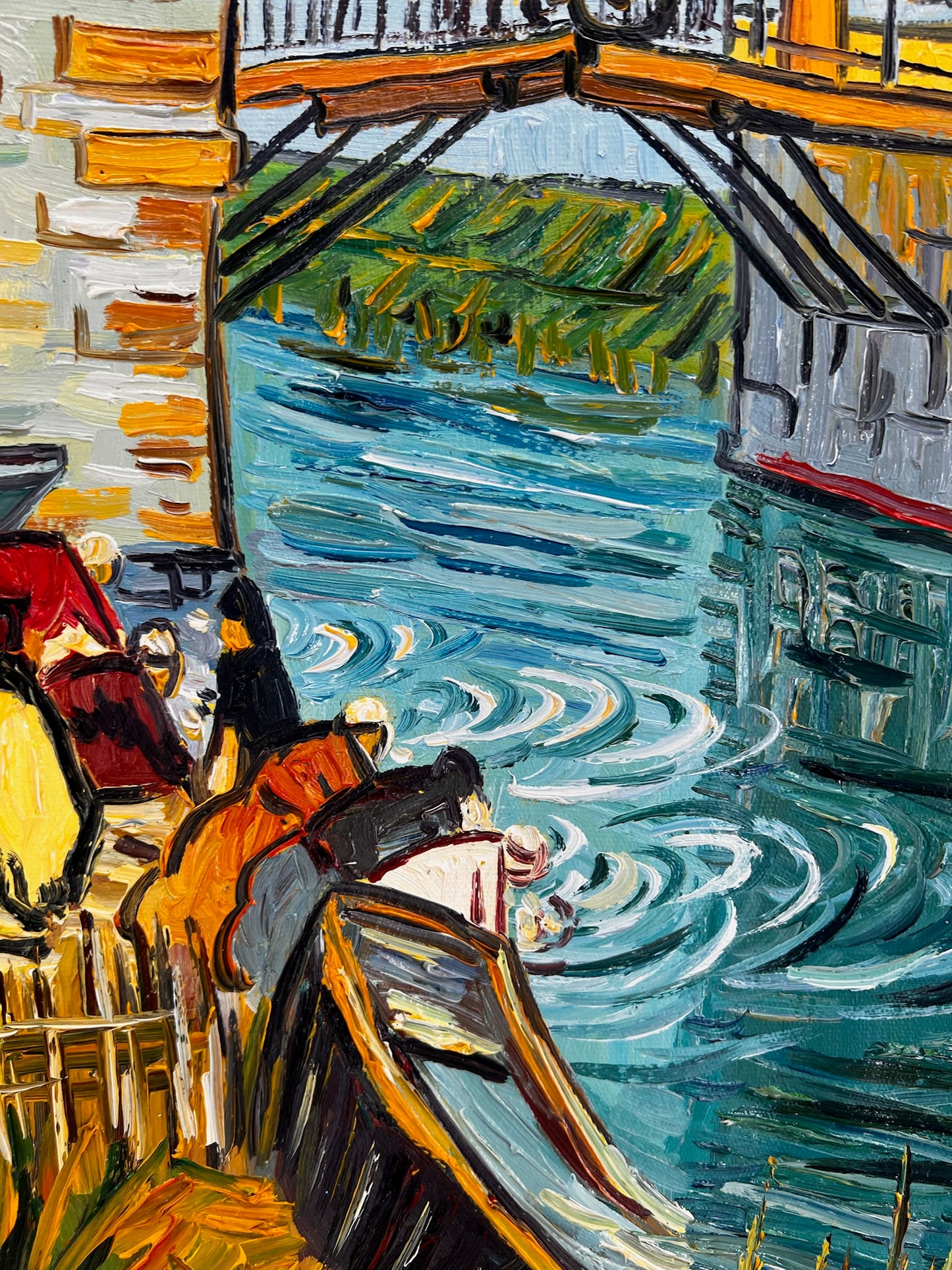 De Langlois-brug (naar Vincent van Gogh) – Handgeschilderd post-impressionistisch olieverfschilderij op doek (60 × 65 cm)