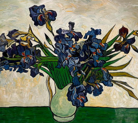Vaas met irissen (naar Vincent van Gogh) – Handgeschilderd post-impressionistisch olieverfschilderij op doek (73 × 92,5 cm)