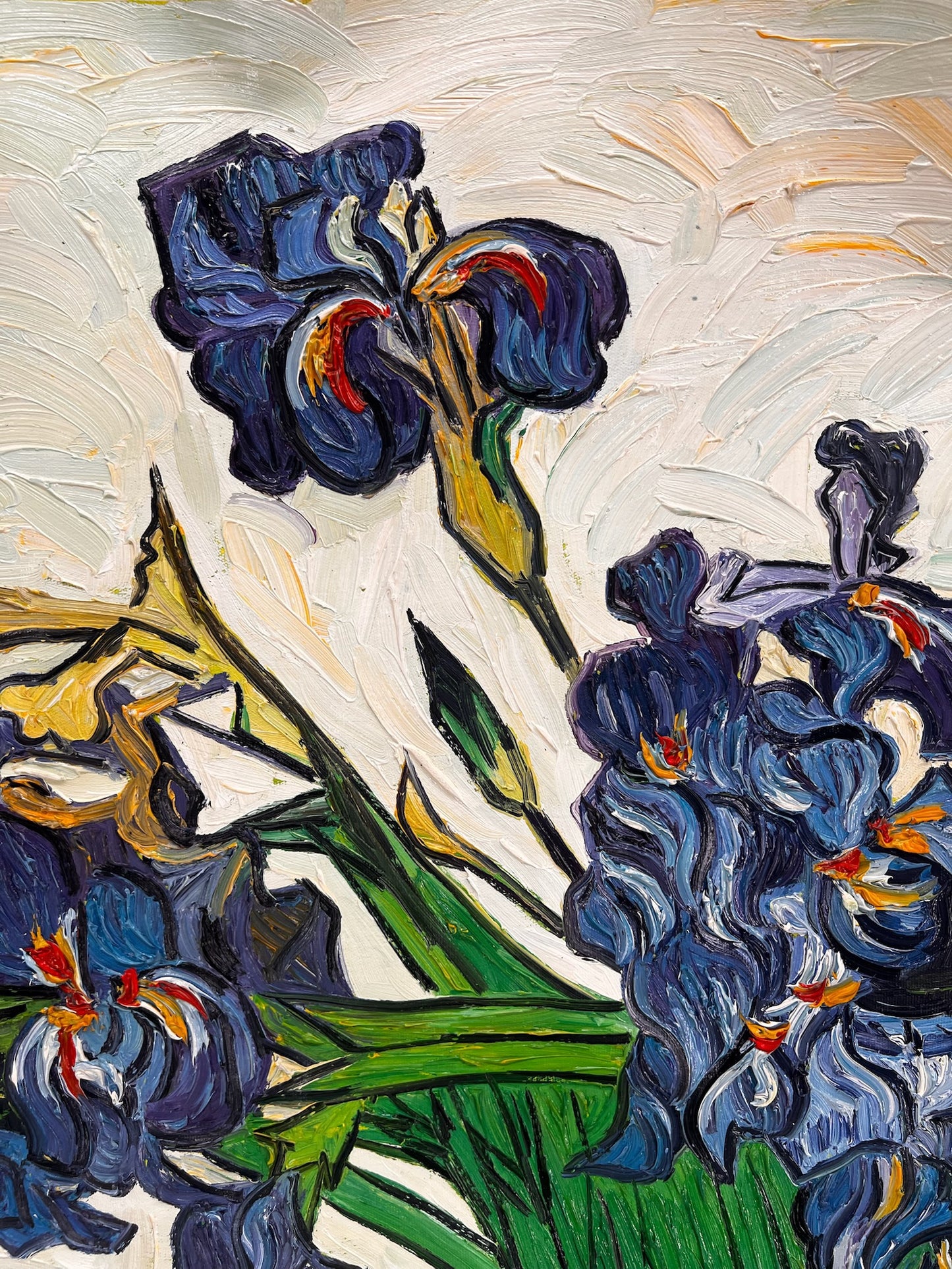 Vaas met irissen (naar Vincent van Gogh) – Handgeschilderd post-impressionistisch olieverfschilderij op doek (73 × 92,5 cm)