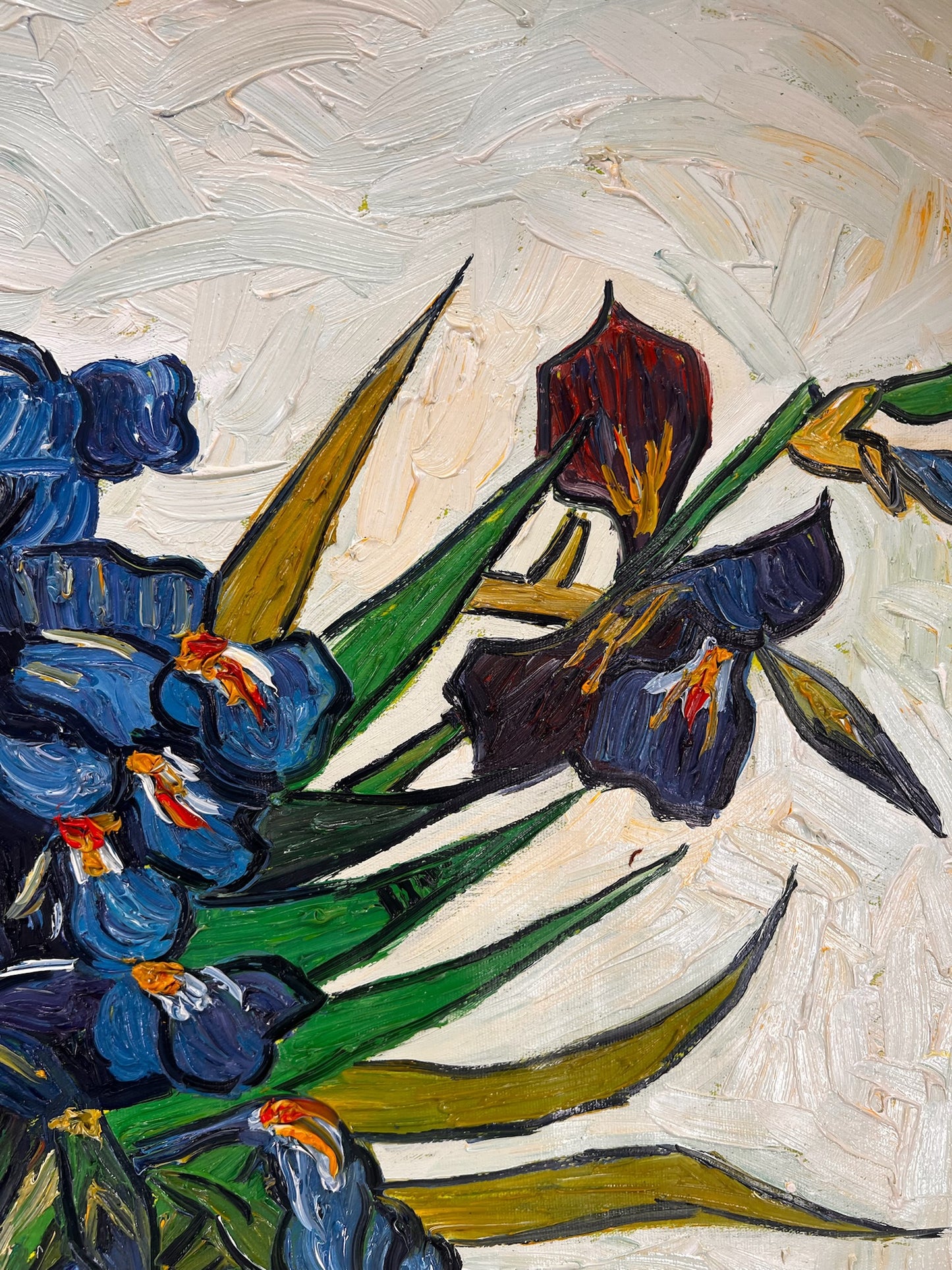 Vaas met irissen (naar Vincent van Gogh) – Handgeschilderd post-impressionistisch olieverfschilderij op doek (73 × 92,5 cm)
