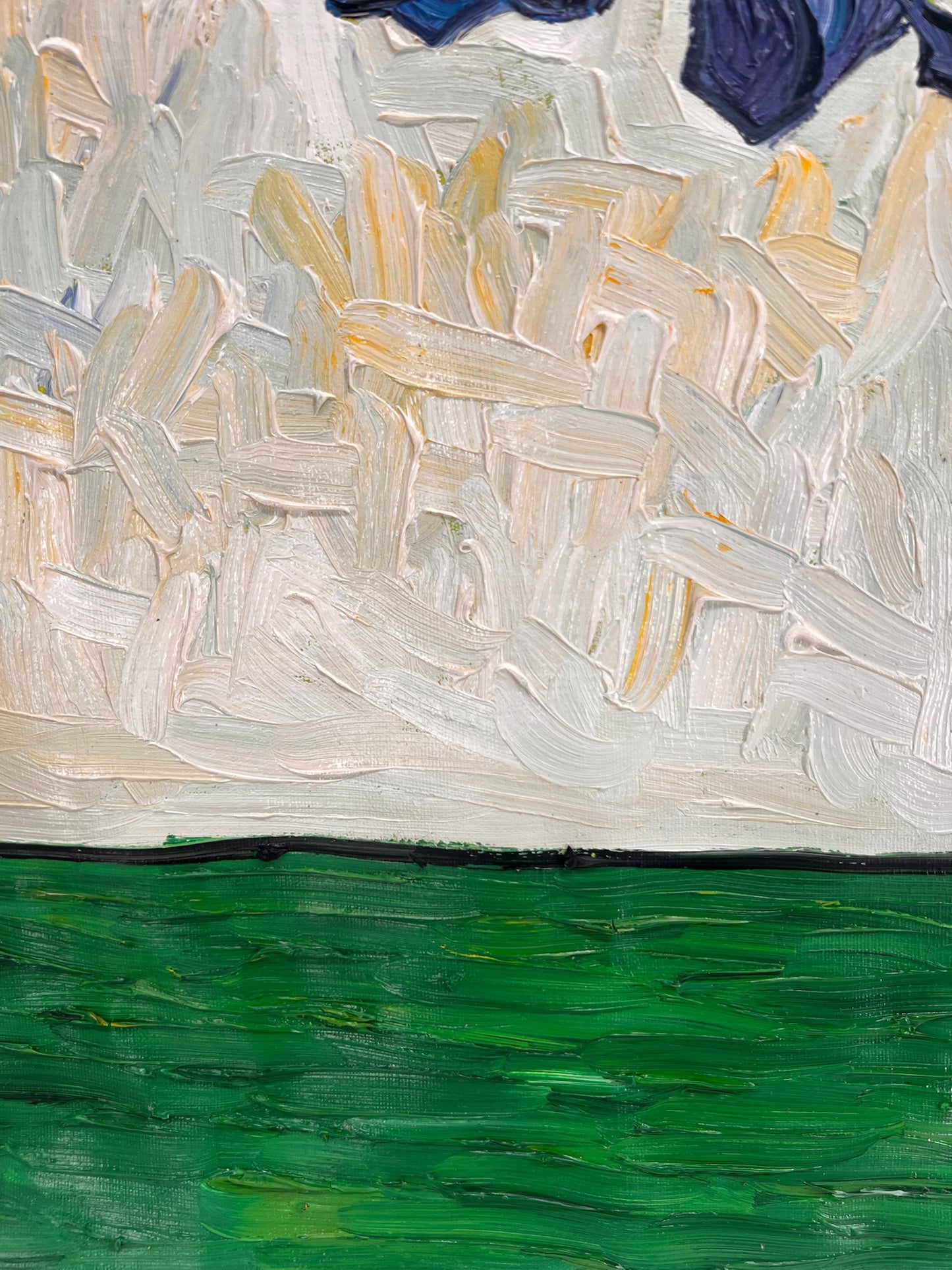Vaas met irissen (naar Vincent van Gogh) – Handgeschilderd post-impressionistisch olieverfschilderij op doek (73 × 92,5 cm)