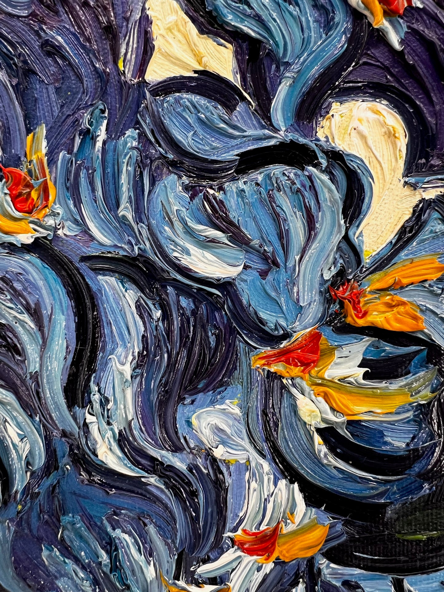 Vaas met irissen (naar Vincent van Gogh) – Handgeschilderd post-impressionistisch olieverfschilderij op doek (73 × 92,5 cm)