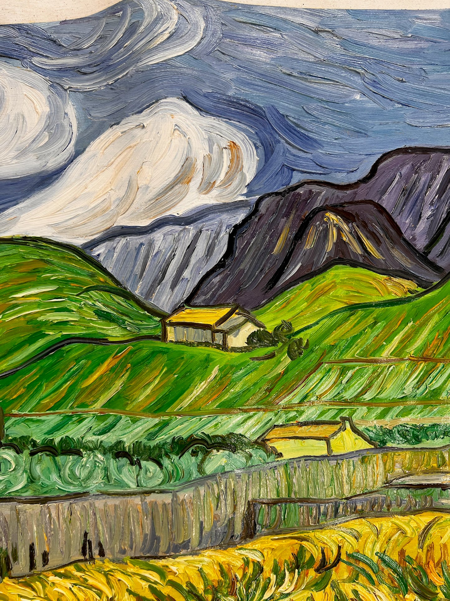 Handgeschilderd Van Gogh olieverfschilderij: Saint-Paul ziekenhuislandschap (70 × 88,1 cm opgerold canvas)