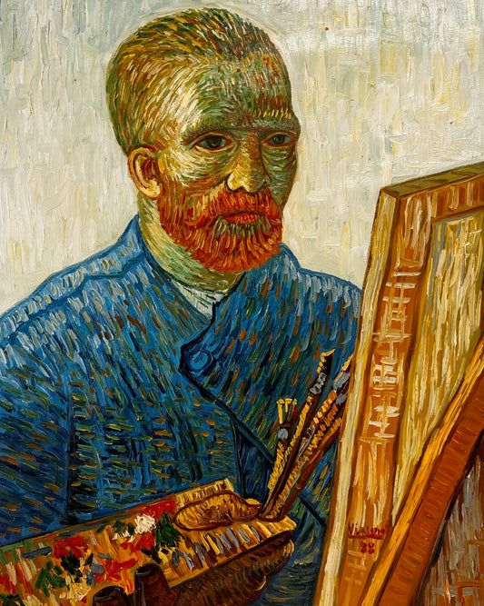 Handgeschilderd olieverfschilderij in Van Gogh-stijl: Zelfportret aan de ezel (60,5 × 50,5 cm) – Opgerold canvas