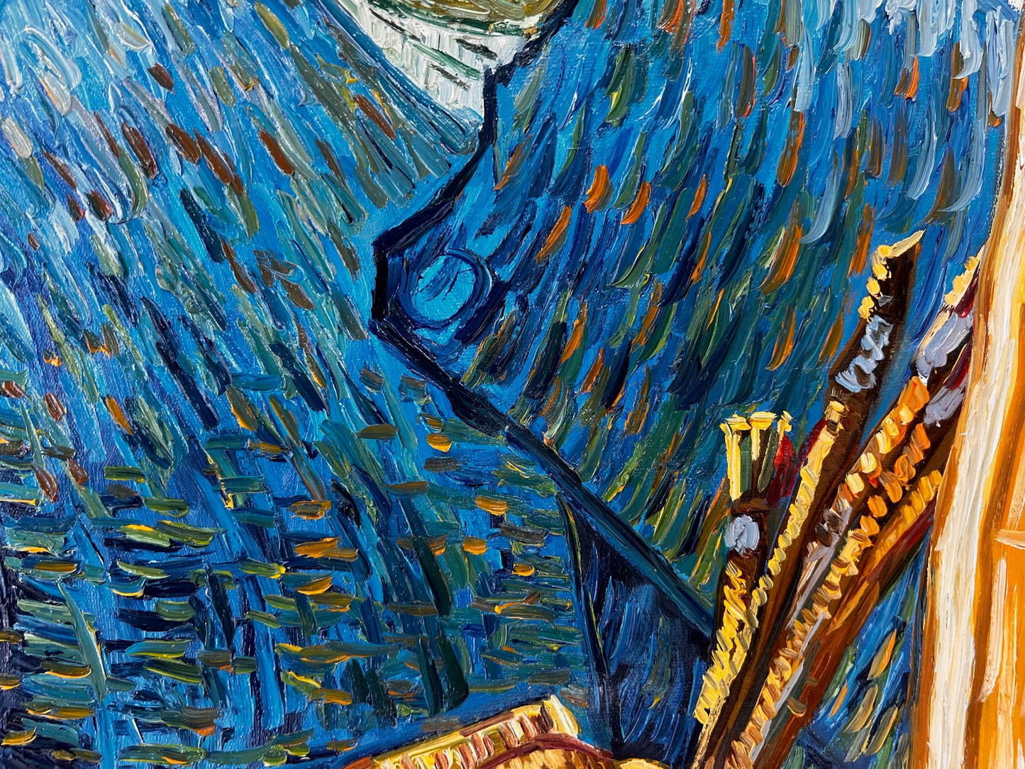 Handgeschilderd olieverfschilderij in Van Gogh-stijl: Zelfportret aan de ezel (60,5 × 50,5 cm) – Opgerold canvas