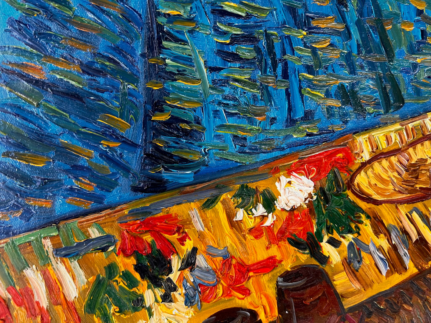 Handgeschilderd olieverfschilderij in Van Gogh-stijl: Zelfportret aan de ezel (60,5 × 50,5 cm) – Opgerold canvas
