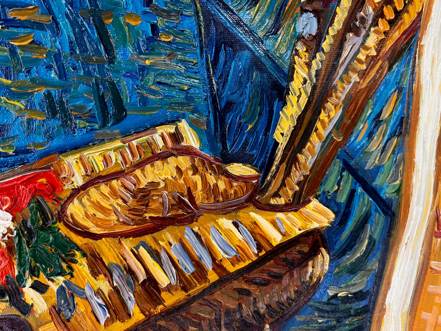 Handgeschilderd olieverfschilderij in Van Gogh-stijl: Zelfportret aan de ezel (60,5 × 50,5 cm) – Opgerold canvas