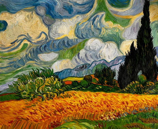 Handgeschilderd Van Gogh Korenveld met cipressen: post-impressionistisch olieverfschilderij op doek
