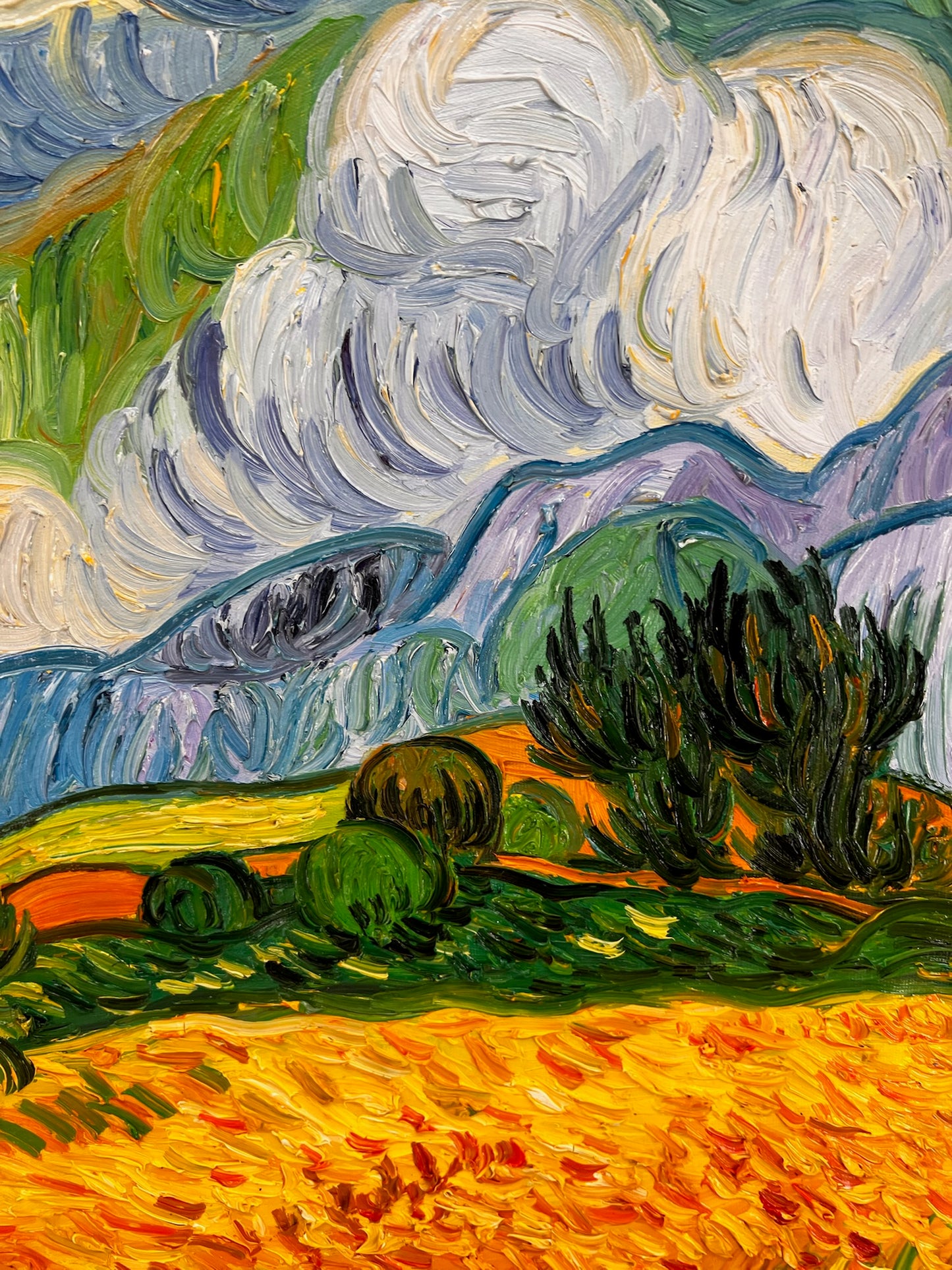 Handgeschilderd Van Gogh Korenveld met cipressen: post-impressionistisch olieverfschilderij op doek