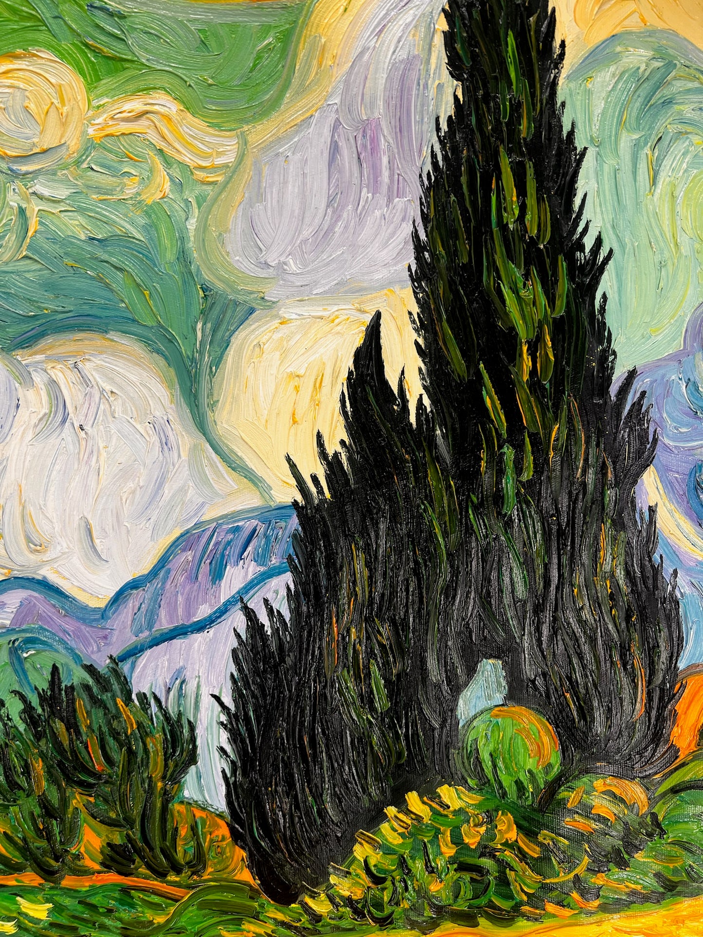 Handgeschilderd Van Gogh Korenveld met cipressen: post-impressionistisch olieverfschilderij op doek