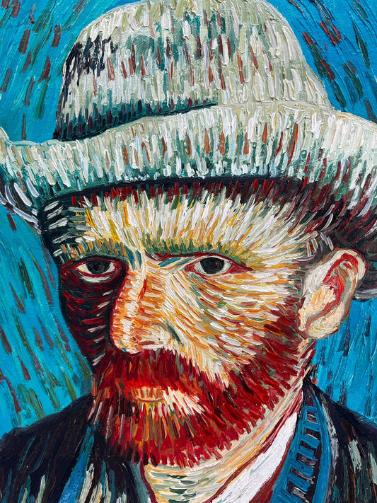 Handgeschilderd olieverfschilderij in Van Gogh-stijl: Zelfportret met grijze vilthoed (54 × 65 cm)