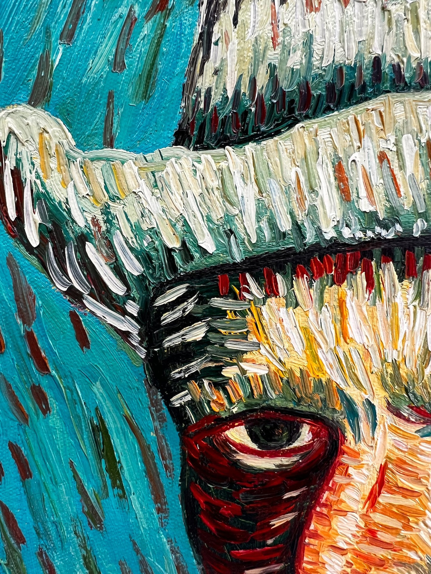 Handgeschilderd olieverfschilderij in Van Gogh-stijl: Zelfportret met grijze vilthoed (54 × 65 cm)