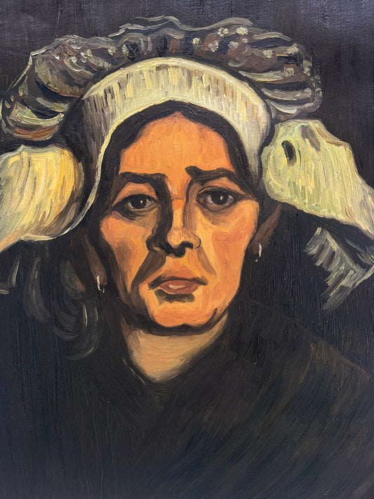 Hoofd van een vrouw (naar Vincent van Gogh) – Handgeschilderd olieverfschilderij op canvas (42,7 × 33,5 cm)