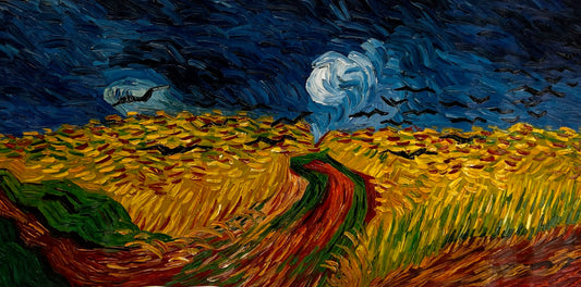 Korenveld met kraaien – Handgeschilderd expressionistisch olieverfschilderij op canvas (50,5 × 103 cm)