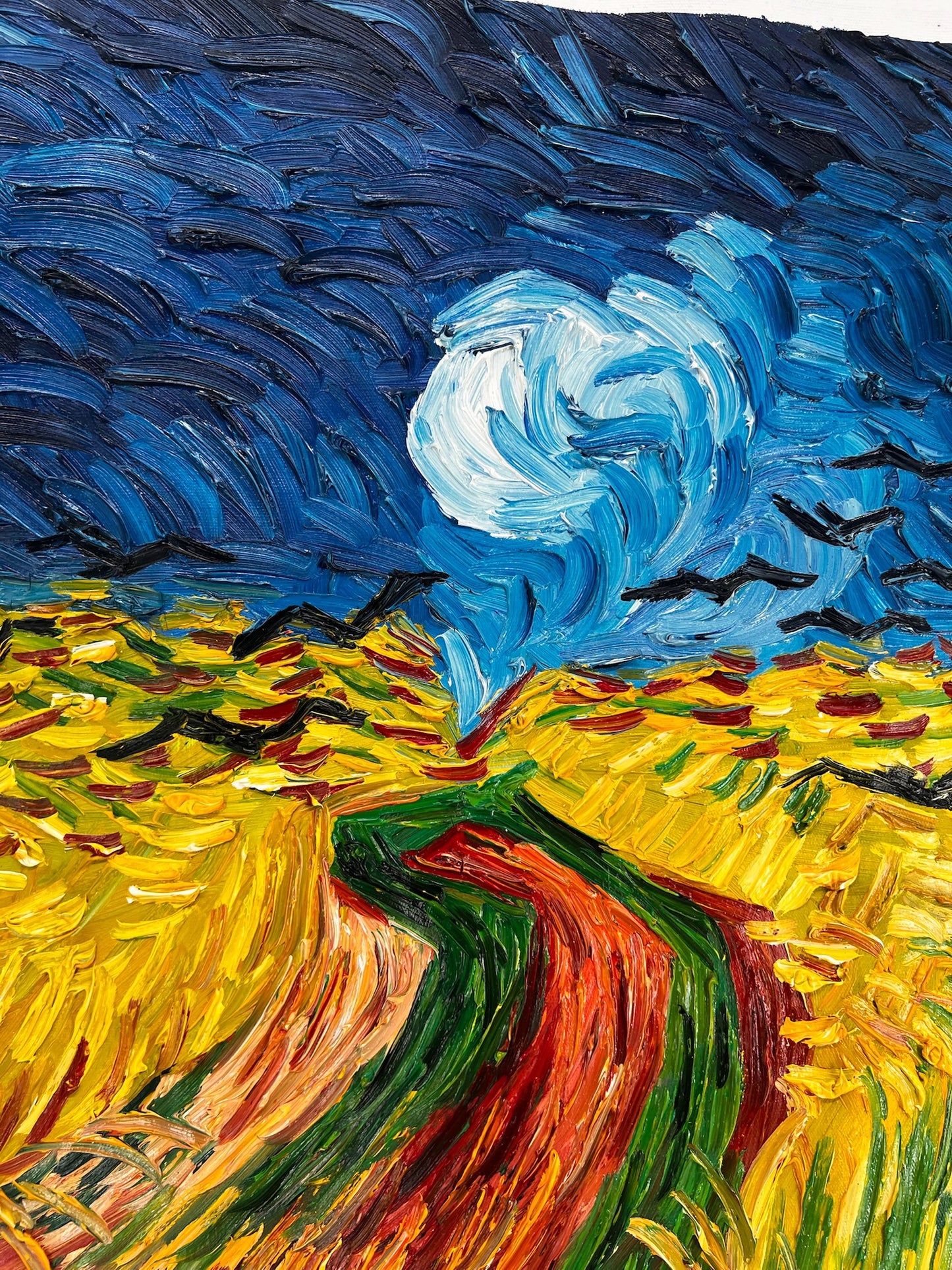 Korenveld met kraaien – Handgeschilderd expressionistisch olieverfschilderij op canvas (50,5 × 103 cm)