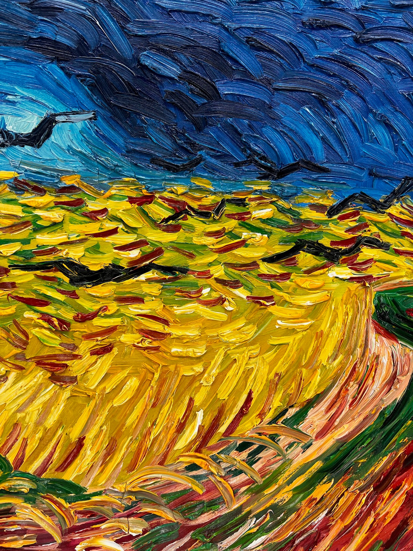 Korenveld met kraaien – Handgeschilderd expressionistisch olieverfschilderij op canvas (50,5 × 103 cm)