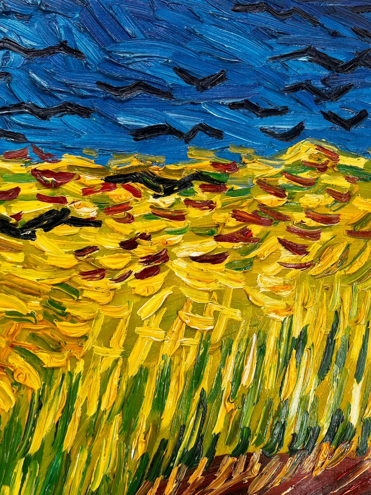 Korenveld met kraaien – Handgeschilderd expressionistisch olieverfschilderij op canvas (50,5 × 103 cm)