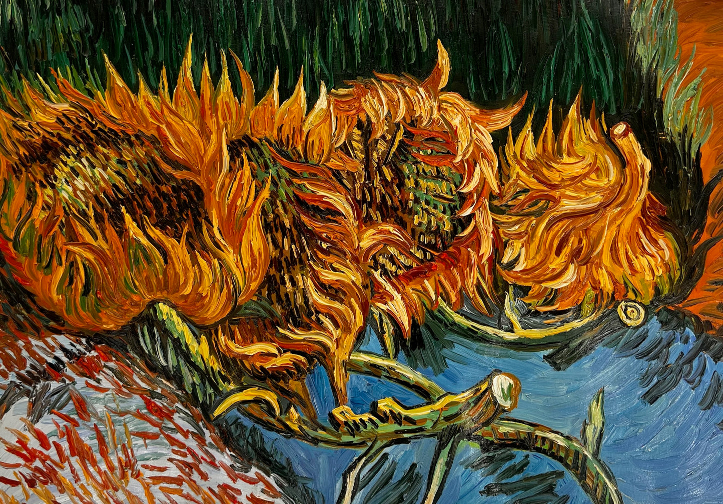 Stilleven met twee zonnebloemen – Handgeschilderd postimpressionistisch olieverfschilderij op canvas (43 × 24,5 cm)