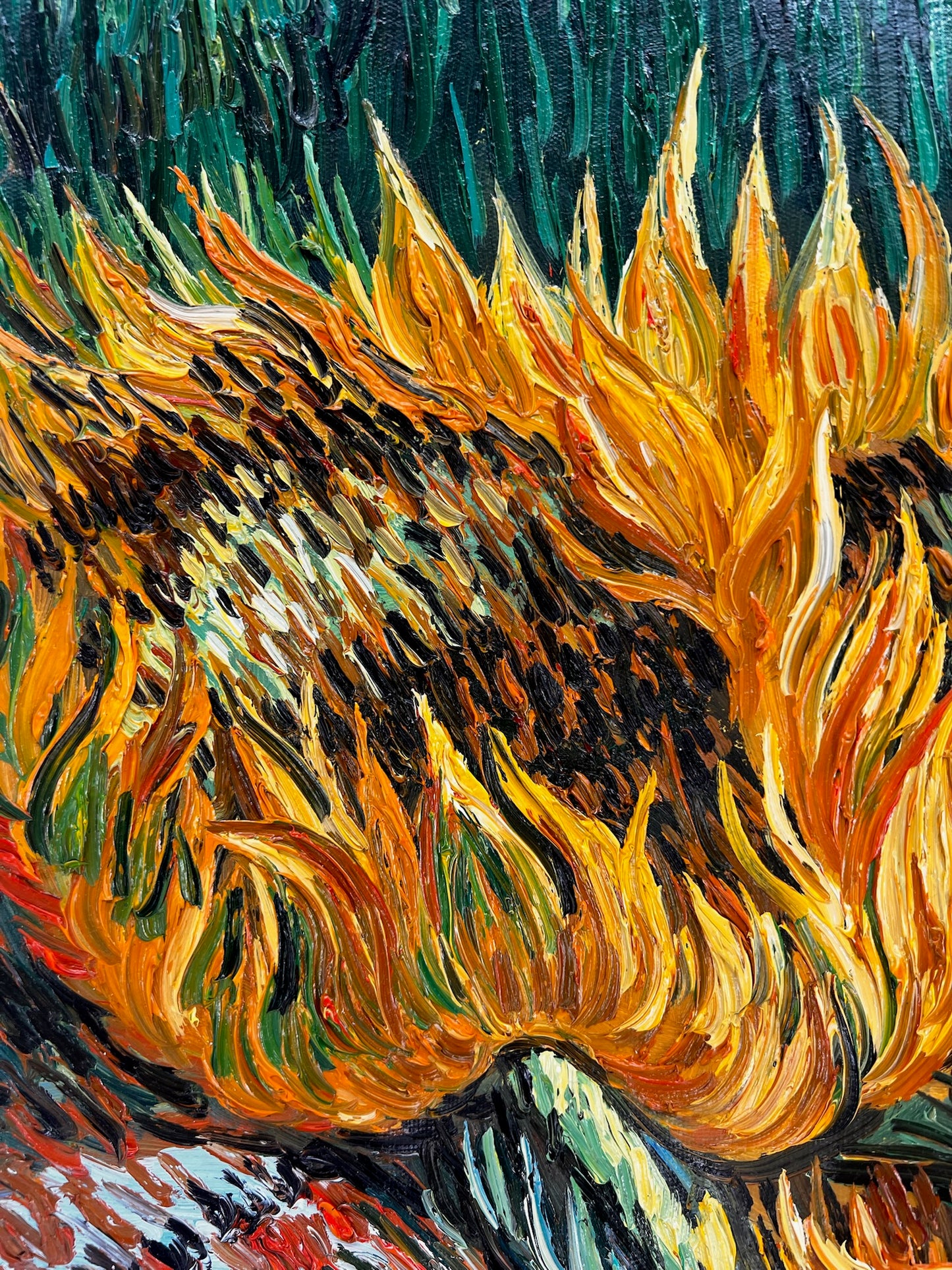 Stilleven met twee zonnebloemen – Handgeschilderd postimpressionistisch olieverfschilderij op canvas (43 × 24,5 cm)