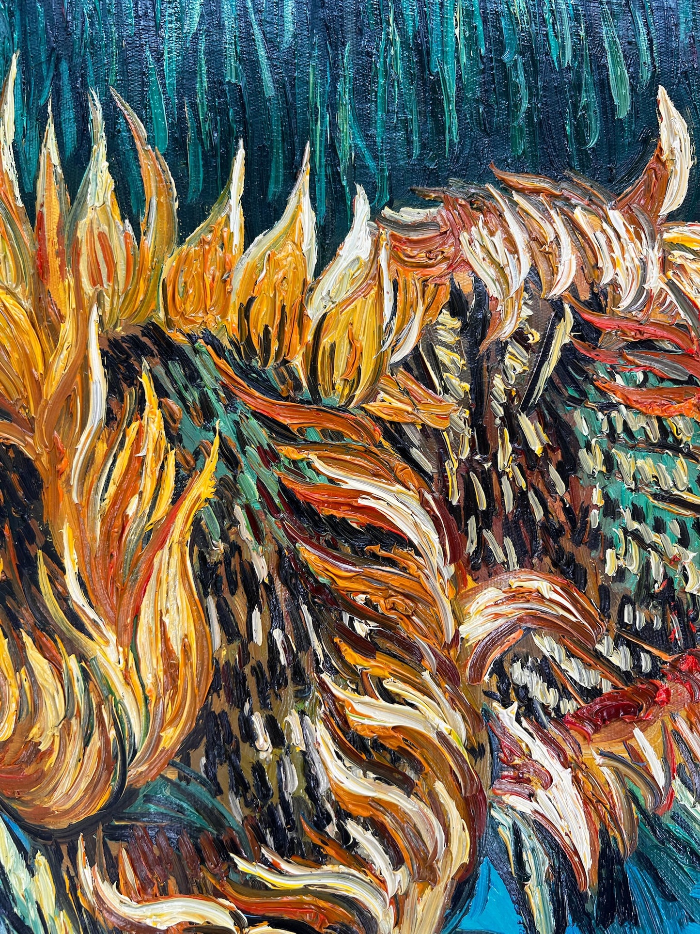 Stilleven met twee zonnebloemen – Handgeschilderd postimpressionistisch olieverfschilderij op canvas (43 × 24,5 cm)